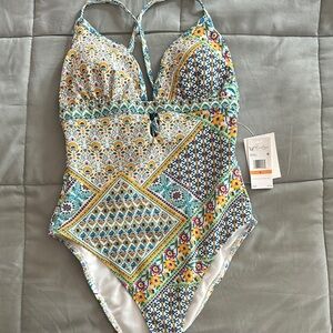 Jessica Simpson Yellow and Blue One Piece Swimsuit with Plunging V-Neckline